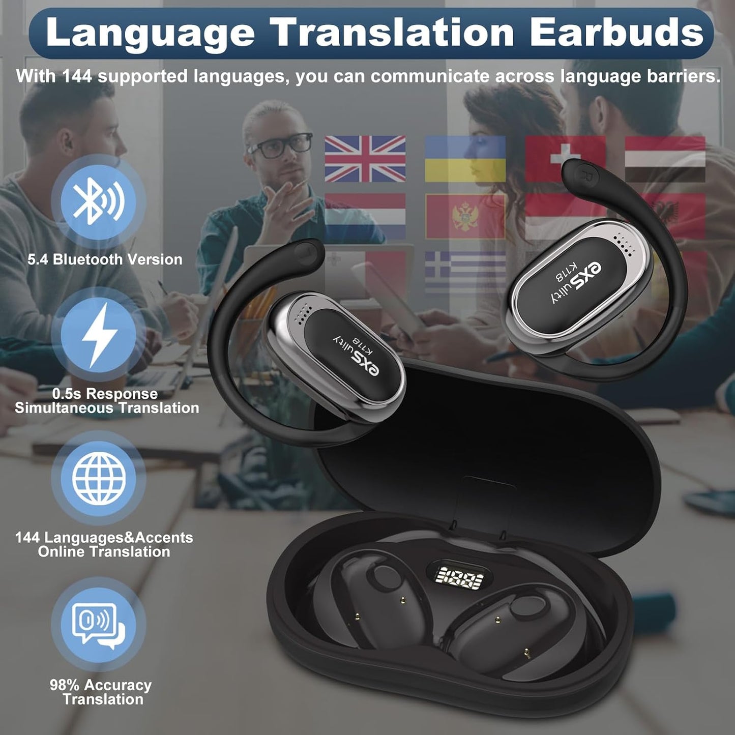 AI Translator Earbuds Real Time,Support 144 Languages Translation & 5 Translation Modes,3-In-1 HD Sound Translator Earphones with APP Compatible with Ios & Android (Black)